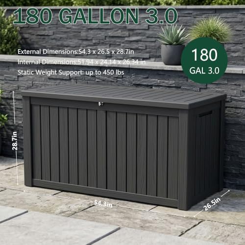 outdoor storage box,180 gallon waterproof deck box [upgraded shown in use
