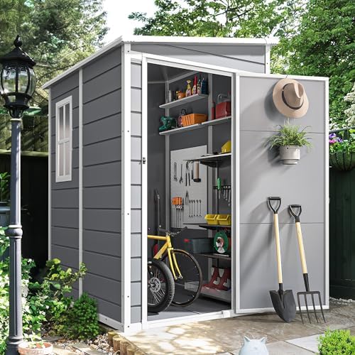 dwvo 5x4ft resin outdoor storage shed with floor on a desk or shelf
