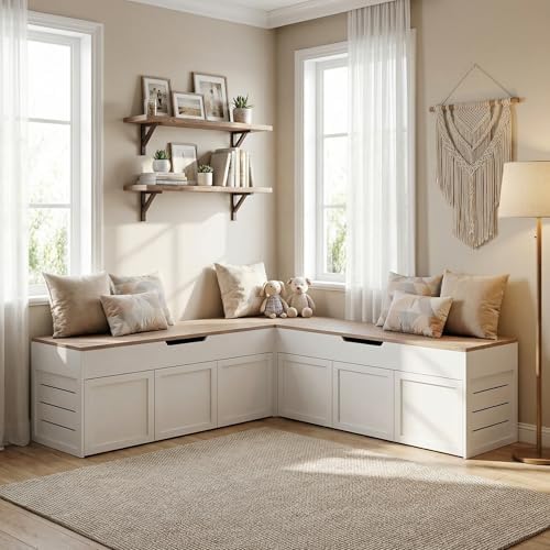 kikihouse l-shaped corner storage bench, backless wood bench, close-up detail