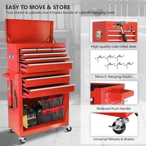 8 drawers rolling tool chest, 2-in-1 detachable metal showing dimensions
