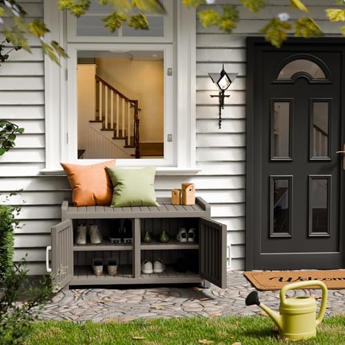 storage bench - 2 doors waterproof resin shoe shown in use