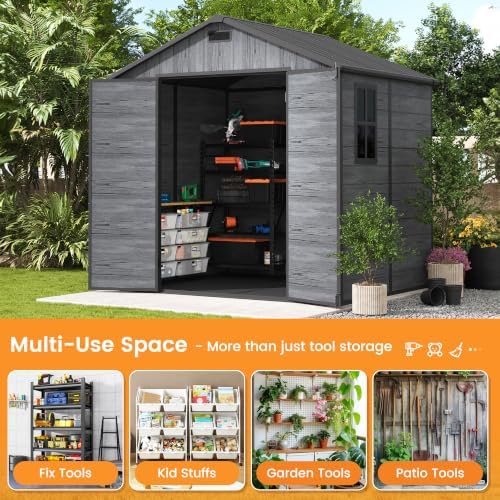 udpatio resin storage shed 8x6 ft, plastic outdoor showing dimensions