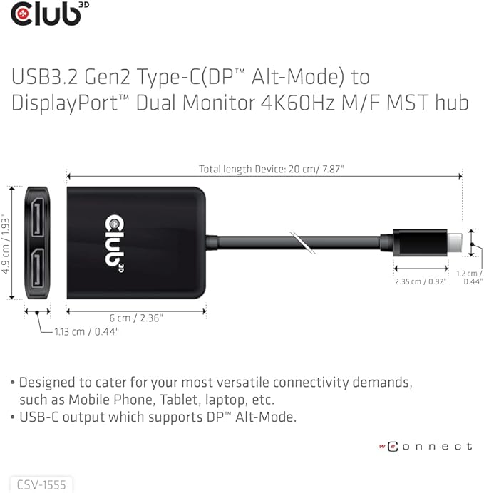 Club 3D CSV-1555 USB3.2 Gen2 Type-C to DisplayPort Dual Monitor 4K60Hz M/F MST - Image 2