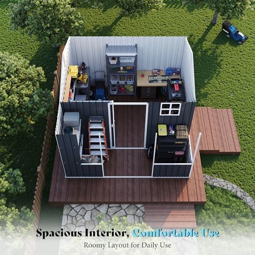 vanacc 9x9x7 ft metal shed with dual storage on a desk or shelf