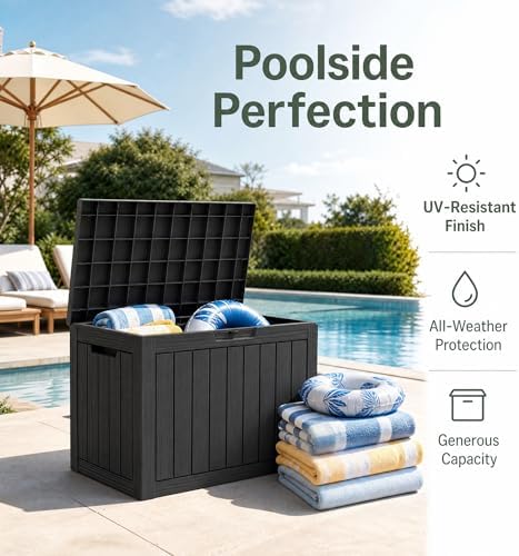 outdoor storage box resin deck box waterproof black showing dimensions