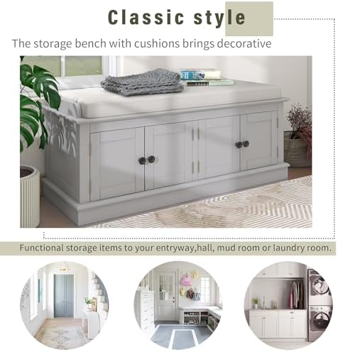 gdfstudio rustic storage bench with 4 doors and showing dimensions