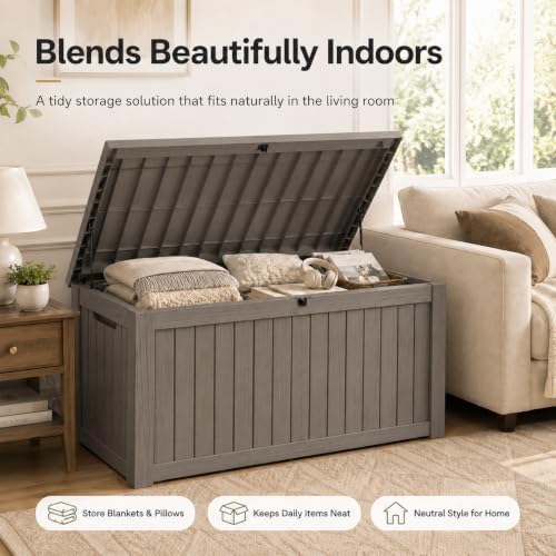 outdoor storage box resin deck box waterproof gray on a desk or shelf