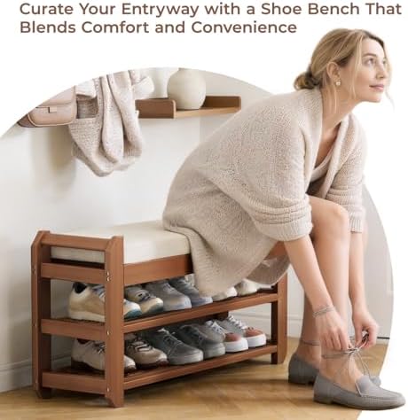 27.6" entryway shoe rack bench with cushion, 2-tier on a desk or shelf