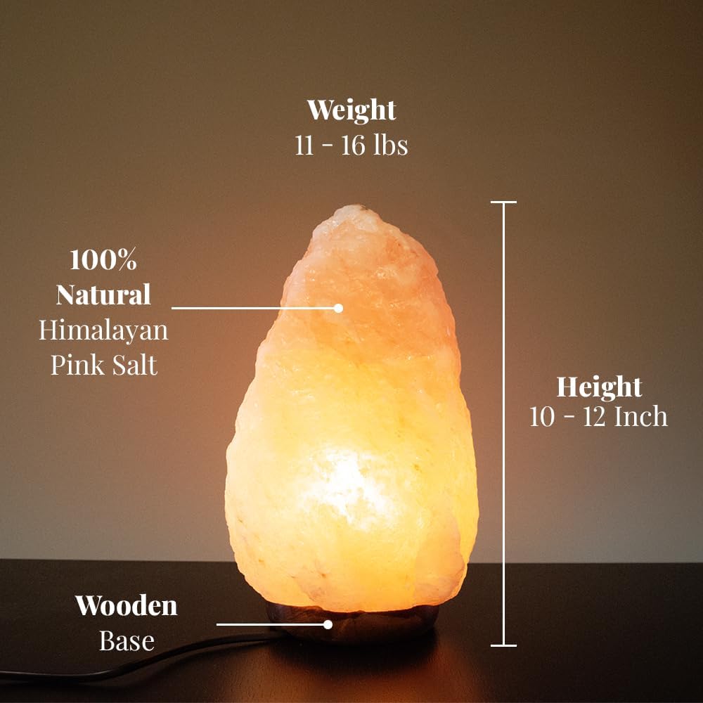 POHS 10–12 Inch Tall, 11–15 lbs Extra Large Himalayan Pink Salt Lamp | 100% Authentic Natural Hand-Carved Crystal Rock Salt Lamp with Wooden Base, Dimmable Cord & Bulb Replacement Included