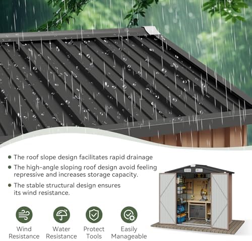 aoxun 6'x4' outdoor storage shed with base, brown showing dimensions