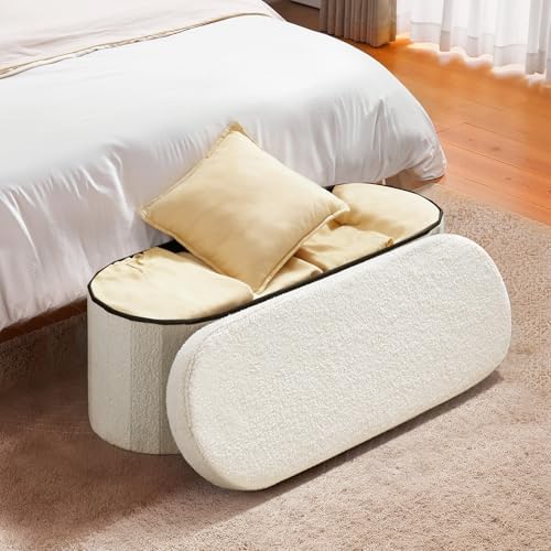 vevor oval storage ottoman bench, foldable teddy fleece shown in use