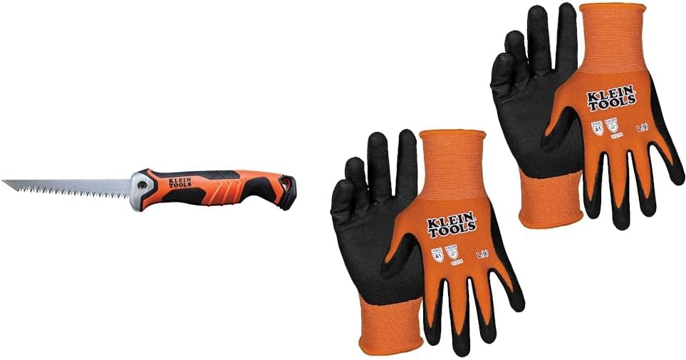 Klein Tools Folding Jab Saw & Cut Resistant Work Gloves Bundle - 31737 Carbon Steel Saw with Lockback & 60581 Nitrile Coated Nylon-Spandex Gloves, Large
