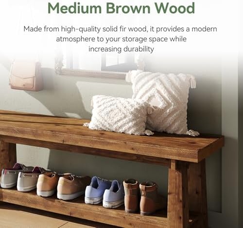 solid wood entryway bench, 55" rustic bench seat, front angle view