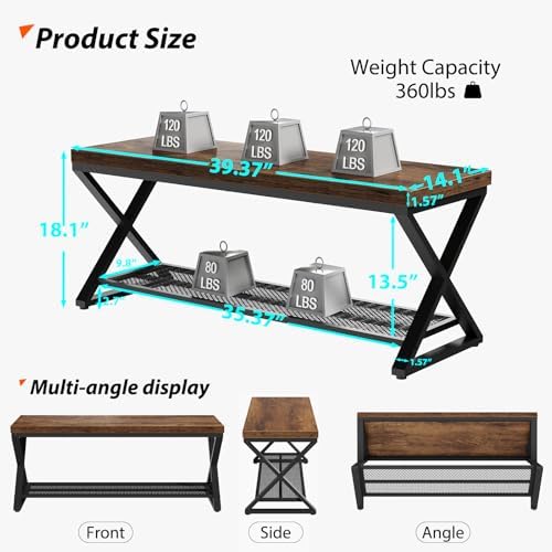 lvb rustic brown entryway bench, 39" industrial shoe shown in use