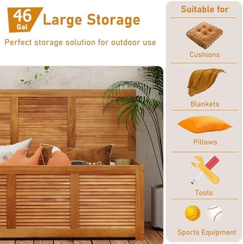 relax4life deck box acacia wood, 46 gallon backyard showing dimensions