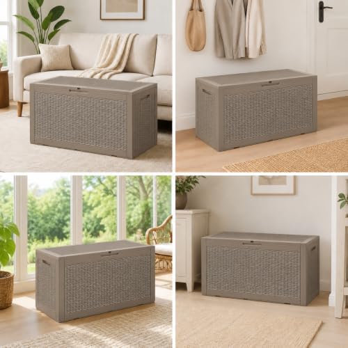 outdoor storage box resin deck box waterproof brownwicker on a desk or shelf