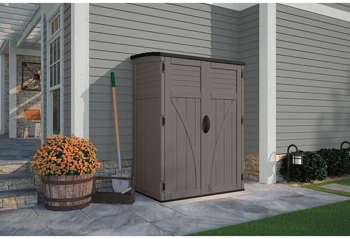 suncast 54 cu ft medium vertical storage shed shown in use