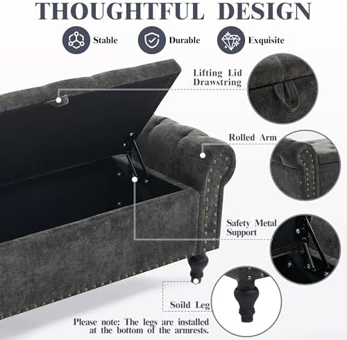 51" storage bench for bedroom, upholstered ottoman bench, side view