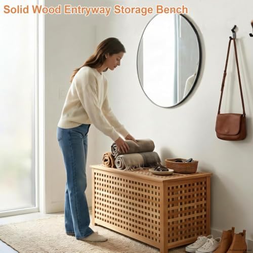 solid wood entryway bench with storage, storage chest, close-up detail