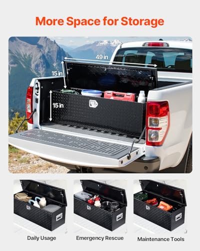 vevor heavy duty aluminum truck bed tool box shown in use