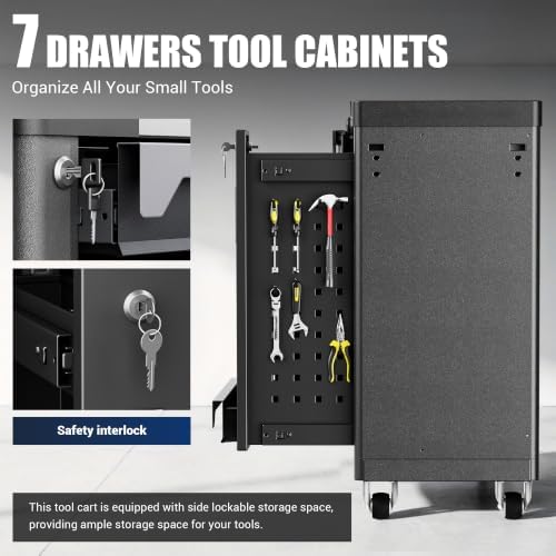 7 drawer rolling tool chest, side drawer, side view