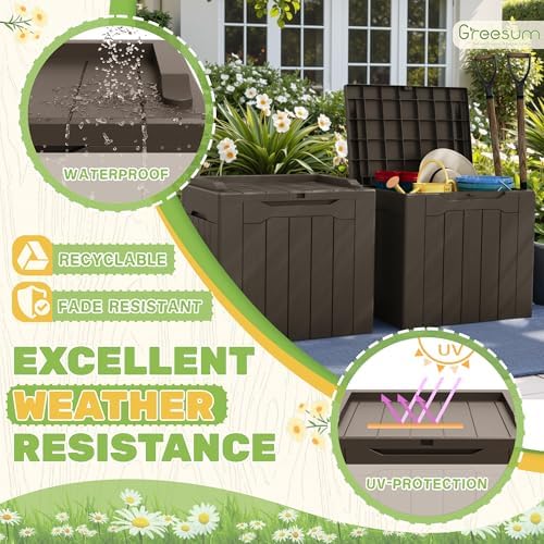 greesum 31 gallon deck box for outside, all showing dimensions