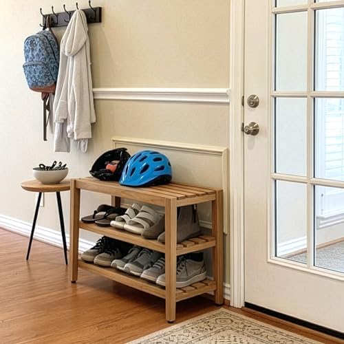 asta select solid teak 27" shoe rack bench, side view