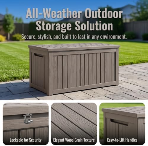 makino 198 gallon large resin outdoor storage box on a desk or shelf