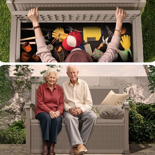 easyup 80 gallon outdoor storage bench lockable deck on a desk or shelf