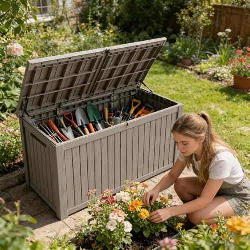 200 gallon outdoor storage box resin deck box on a desk or shelf