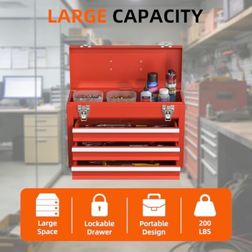 portable metal tool box – 3 drawers lockable, side view