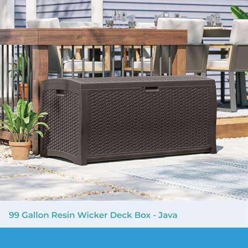 suncast 99 gal wicker resin deck box, storage shown in use