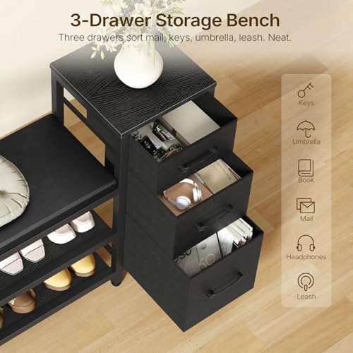 yatiney entryway bench with shoe storage, 3-tier shoe, side view