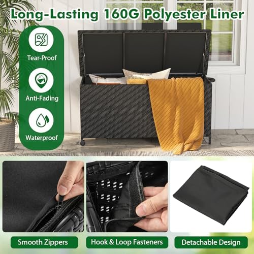 tangkula tightly-woven rattan deck box, patiojoy storage cabinet showing dimensions