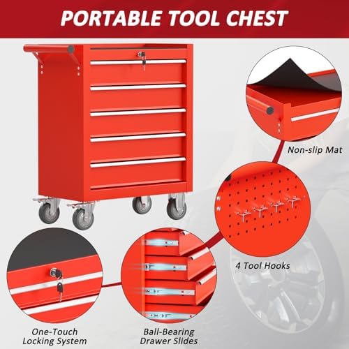 5 drawers rolling tool chest with wheels, portable showing dimensions