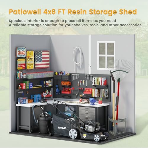 patiowell 4x6 ft plastic outdoor storage shed with on a desk or shelf