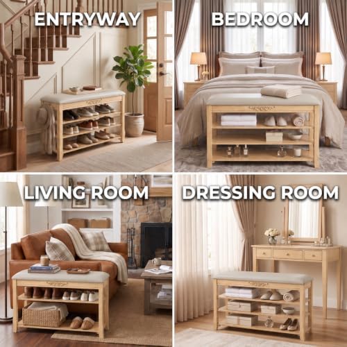 shoe rack bench entryway storage with leather cushion, front angle view