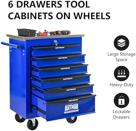 6-drawer rolling tool chest, blue & black modular showing dimensions
