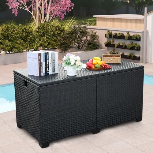 rattan star 180 gallon outdoor storage box deck shown in use