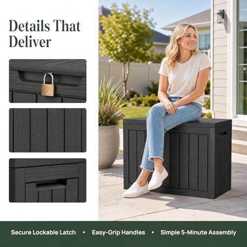 outdoor storage box resin deck box waterproof black, close-up detail
