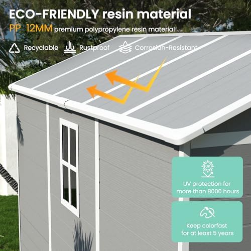 udpatio resin storage shed 7.5x12ft, outdoor plastic garden showing dimensions
