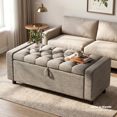 46" storage ottoman bench, 30gal linen tufted, end, package contents