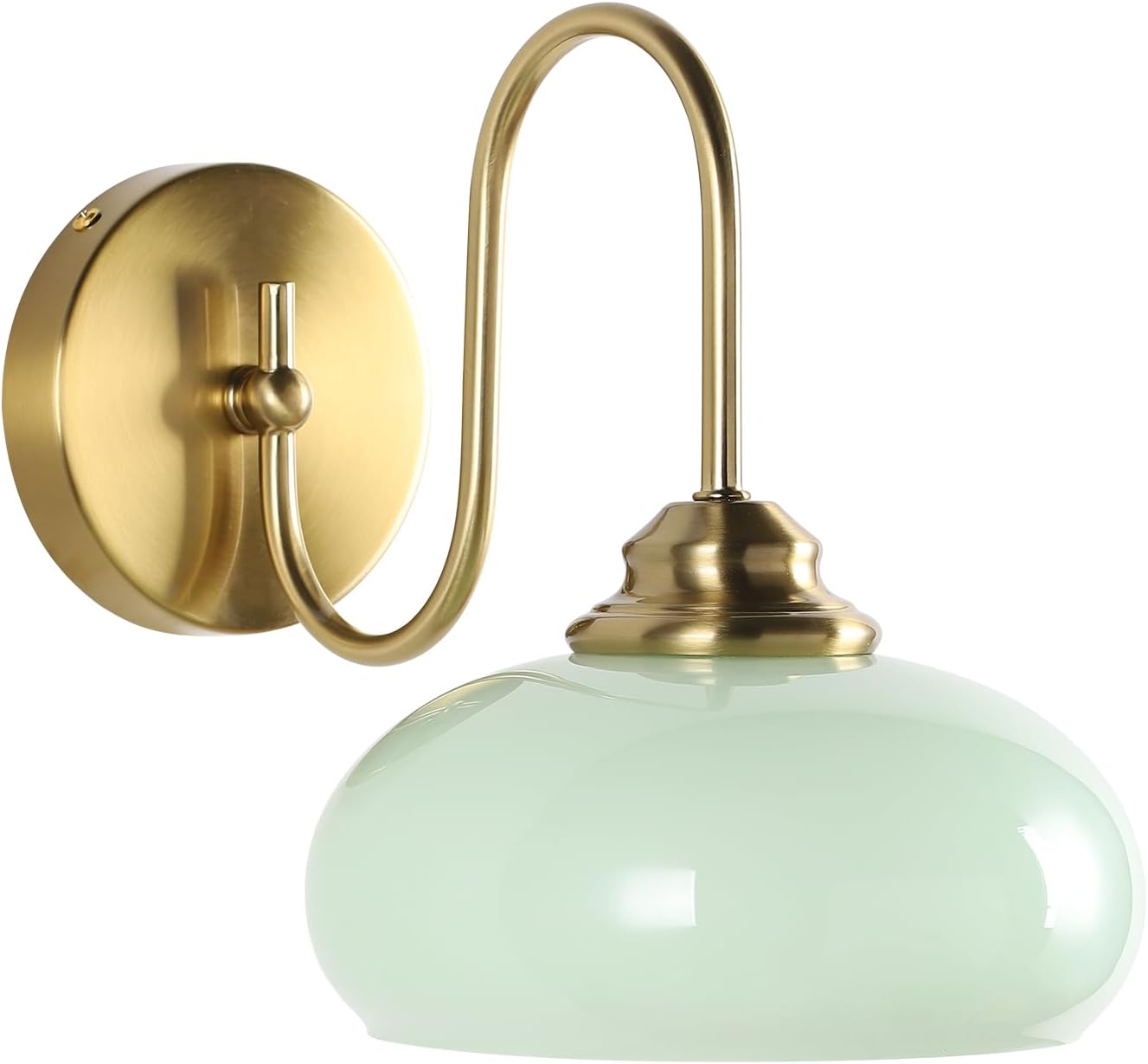 KCO Mid Century Modern Mint Green Dome Glass Wall Sconce with Curved Arm | E26 Base Hardwired, Up/Down Mounted, Vintage Bathroom Vanity Light Fixture, Brass Gold Wall Lamp for Bedroom Hallway Entryway