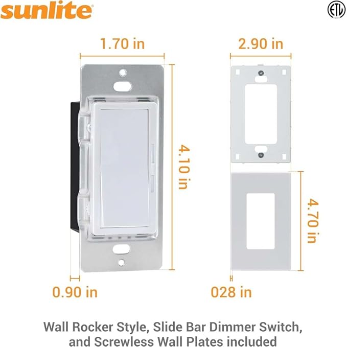 Sunlite LED Wall Rocker Style, Slide Bar Triac Dimmer Switch, Screwless Wall - Image 2