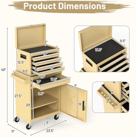 goplus tool chest, 5 drawers rolling tool cabinet, close-up detail