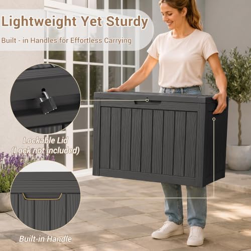 drato 60gal weatherproof resin deck box, black lockable shown in use
