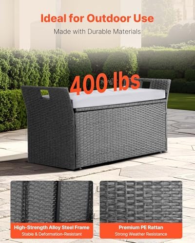 vevor outdoor storage bench, 2-person pe rattan storage showing dimensions