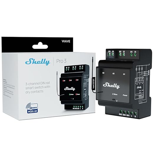 Shelly Wave Pro 3 US LR | Z-Wave Long Range 3-Channel Smart Relay Switch by Shelly