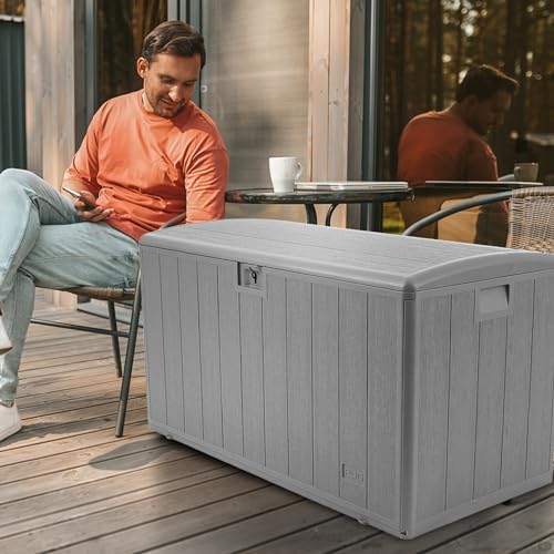 plastic development group outdoor deck box, soft close showing dimensions