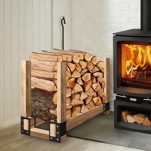 firewood log storage rack bracket, indoor outdoor, adjustable on a desk or shelf